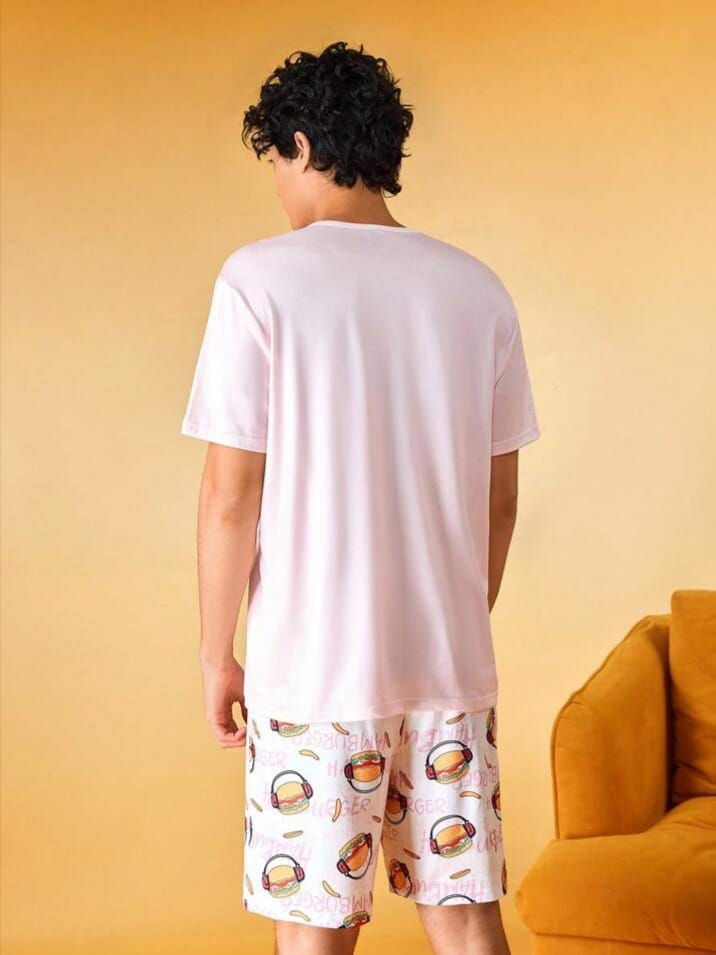 WALL_SLEEP Men's Funny Musical Hamburger & Headphone Graphic Sleepwear Set
